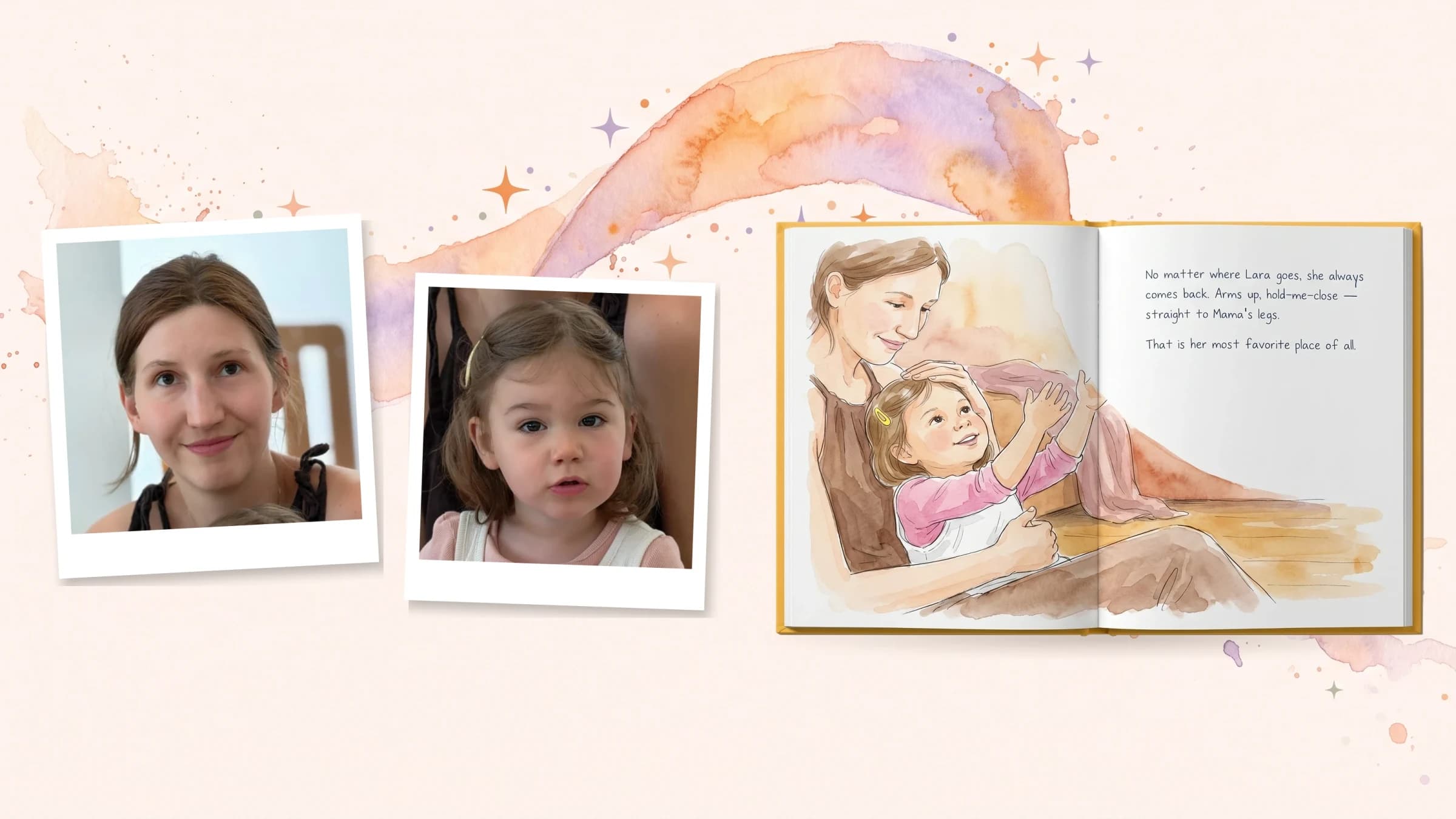 The photos uploaded for Love for Mama — Mama and Lara — becoming the finished illustrated book