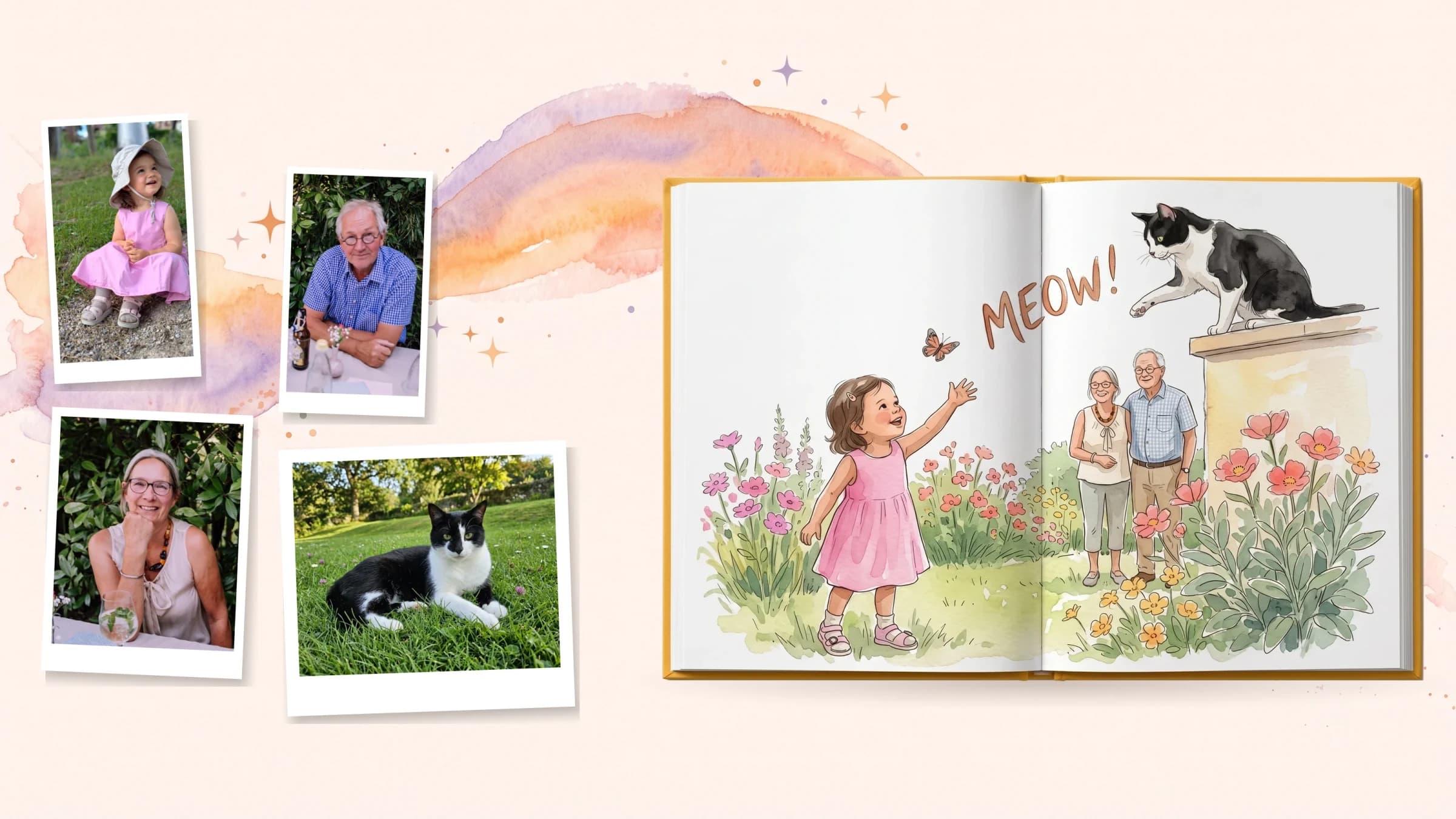 Photo and finished page — child, grandparents and the family cat