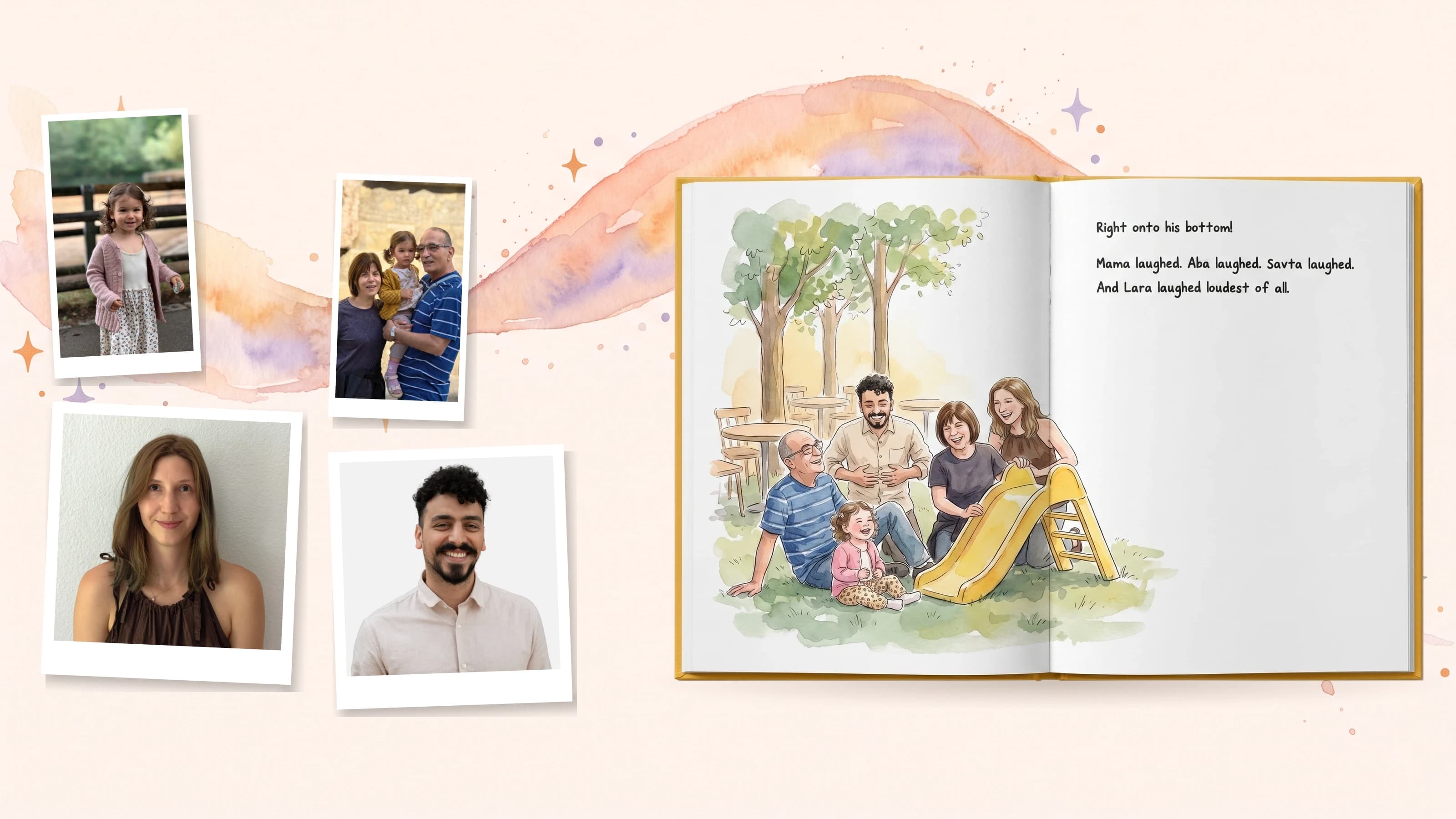 Photo and finished page — the whole family at the playground