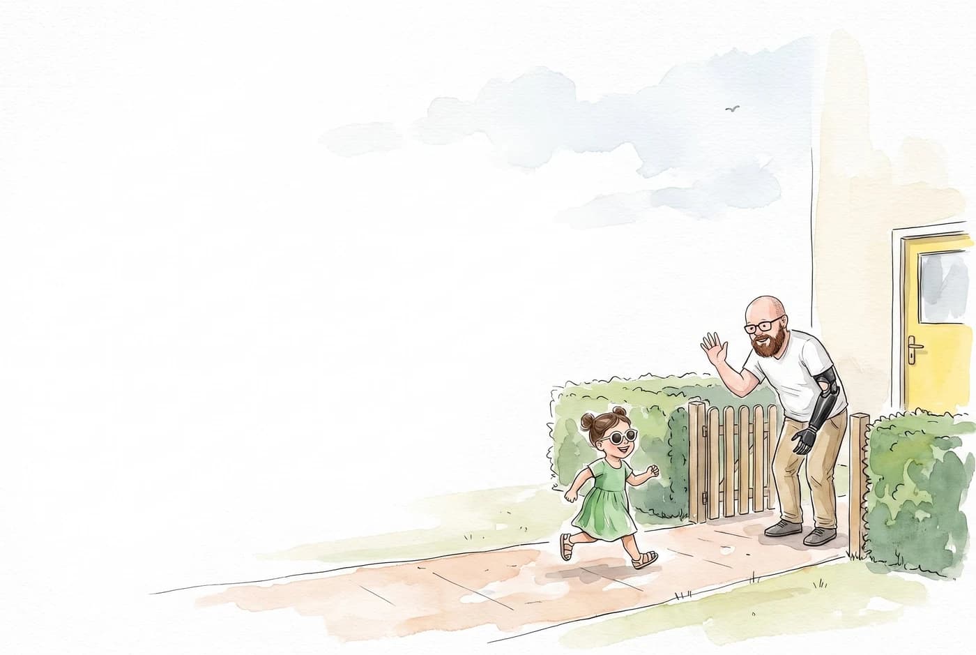 Joni waiting at the kindergarten gate with his arm raised in a wave, his prosthetic arm at his side, as Lara runs out to meet him.
