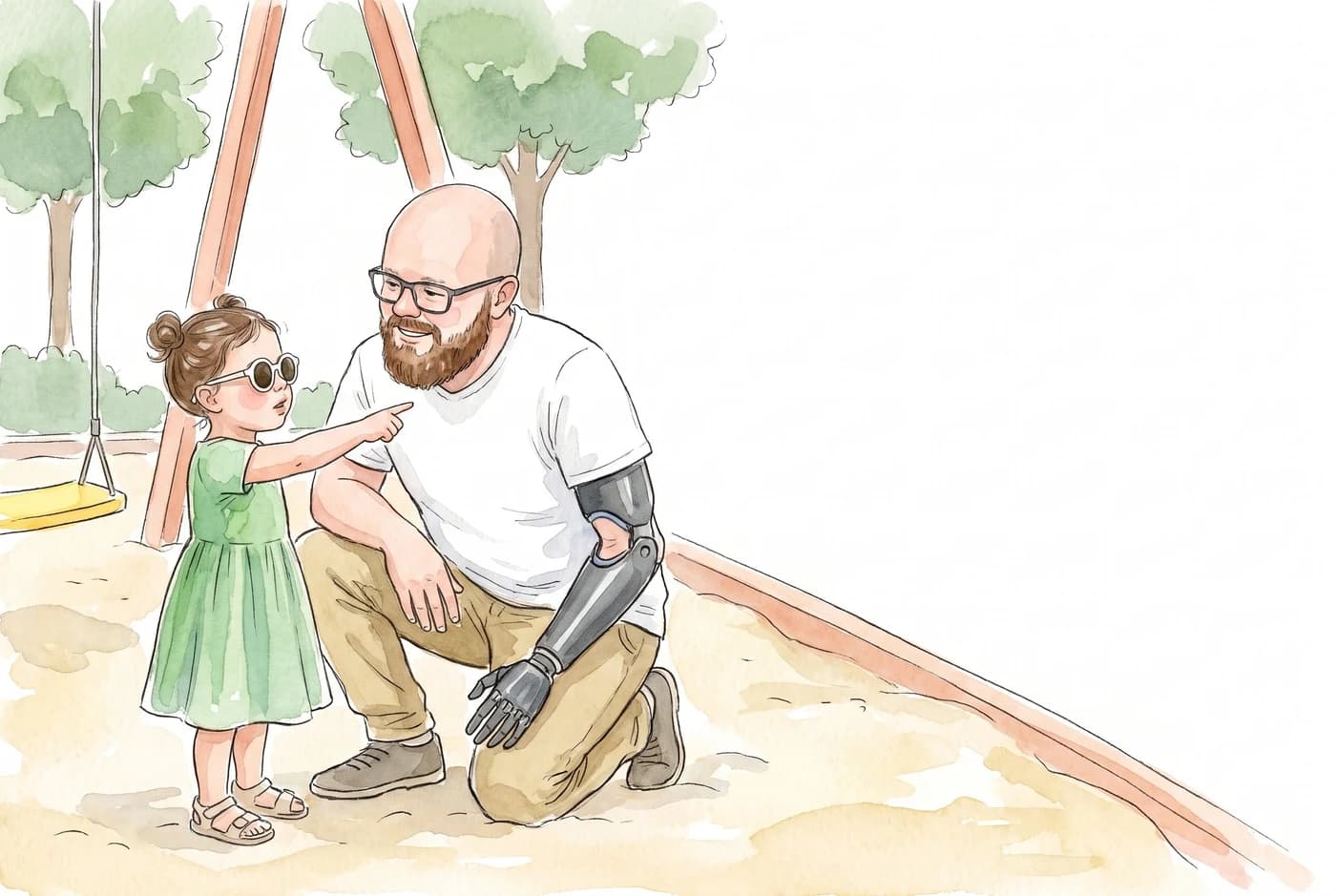 Joni kneeling down to Lara’s eye level under the trees to listen to her, one hand and one prosthetic hand resting on his knee.
