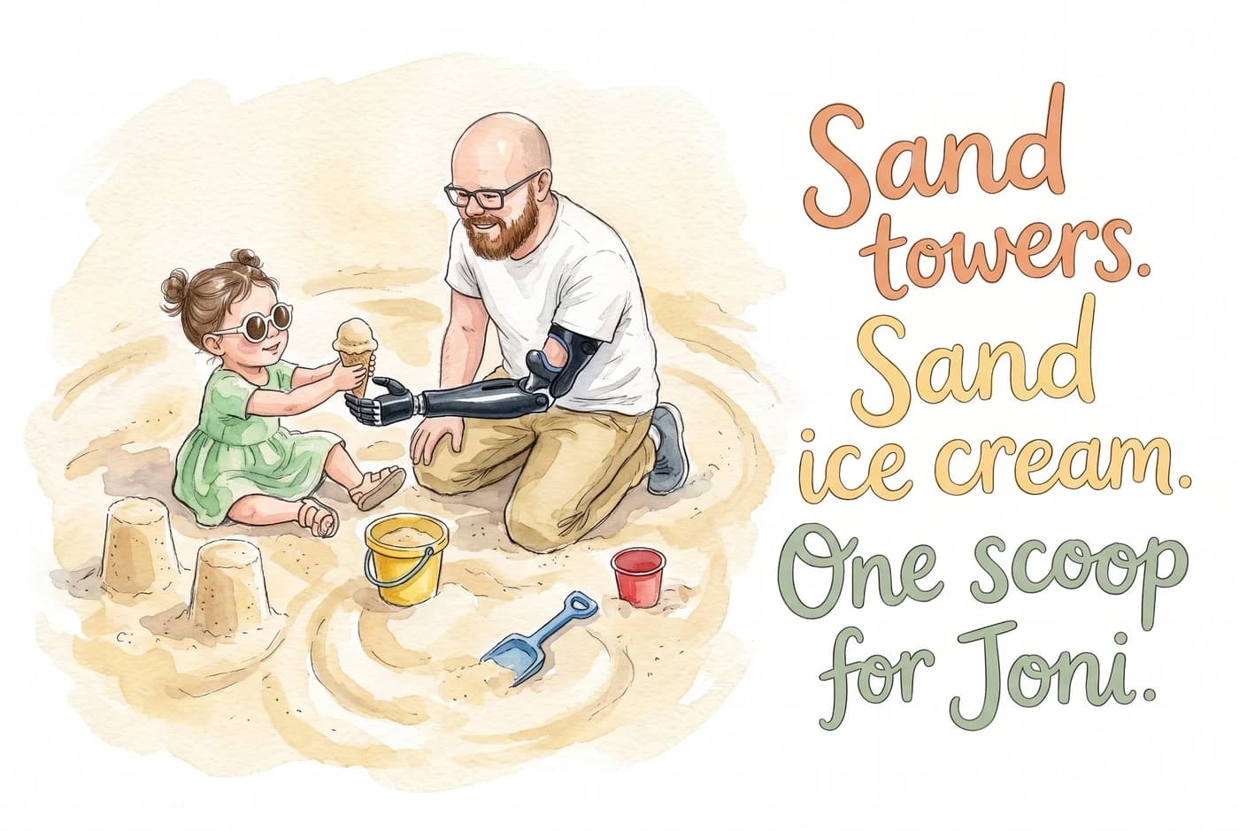 Joni and Lara sitting in the sandpit building towers, Lara passing him a scoop of sand ice cream into his prosthetic hand.