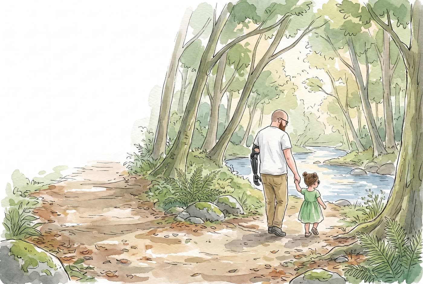 Joni and Lara walking a wooded path beside the river, seen from behind, his prosthetic arm nearest the camera.