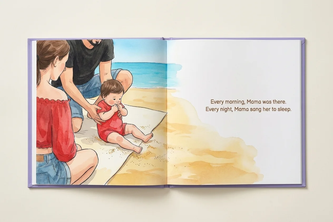 Memory book open at a beach scene spread
