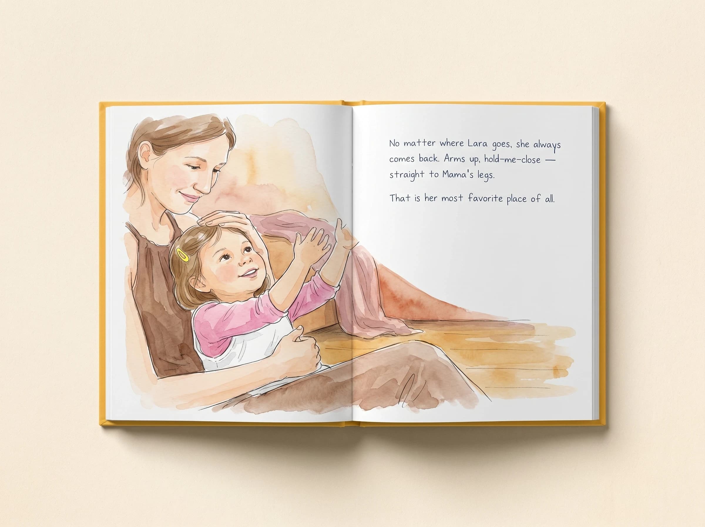 The finished illustrated spread from Love for Mama — Lara reaching up to Mama, arms up, hold-me-close