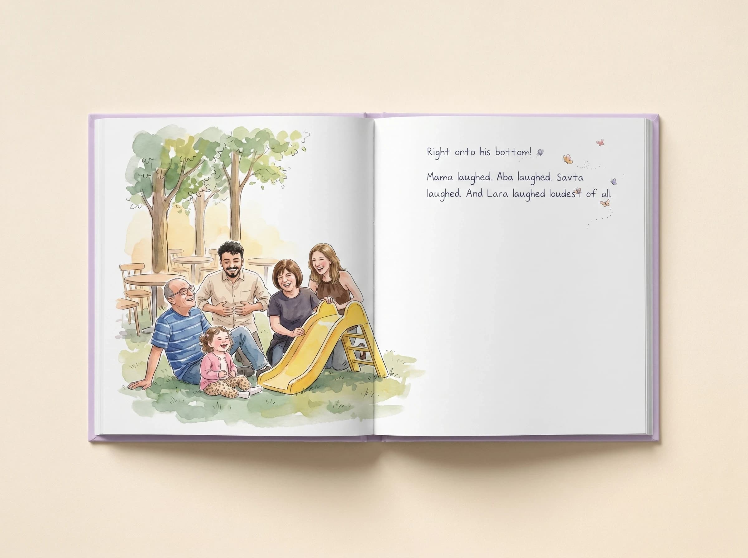 The finished illustrated spread from Day at the Yellow Slide — the whole family laughing at the playground