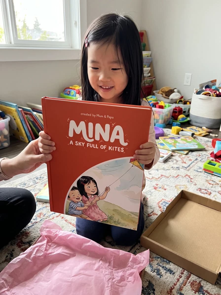 Gift: big sister opening My Big Sister book with baby brother nearby