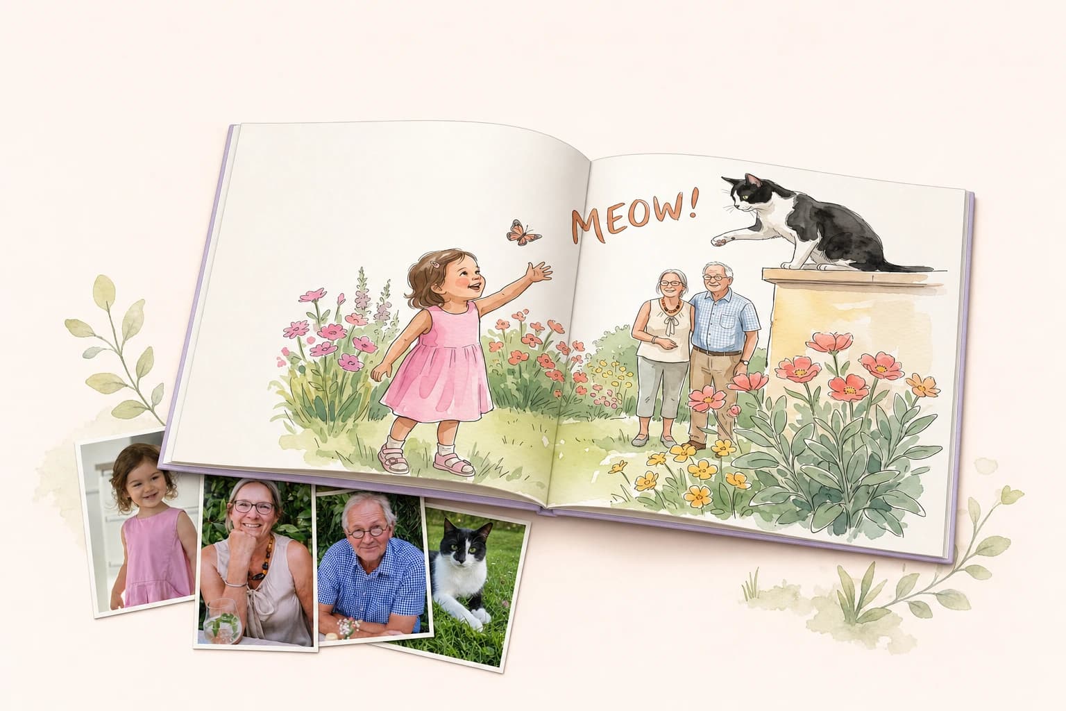 An open Whimbel storybook showing Lara reaching for a butterfly in the garden while Socke the cat watches from a wall and Oma and Opa look on, with the four family photographs it was made from tucked beneath the page
