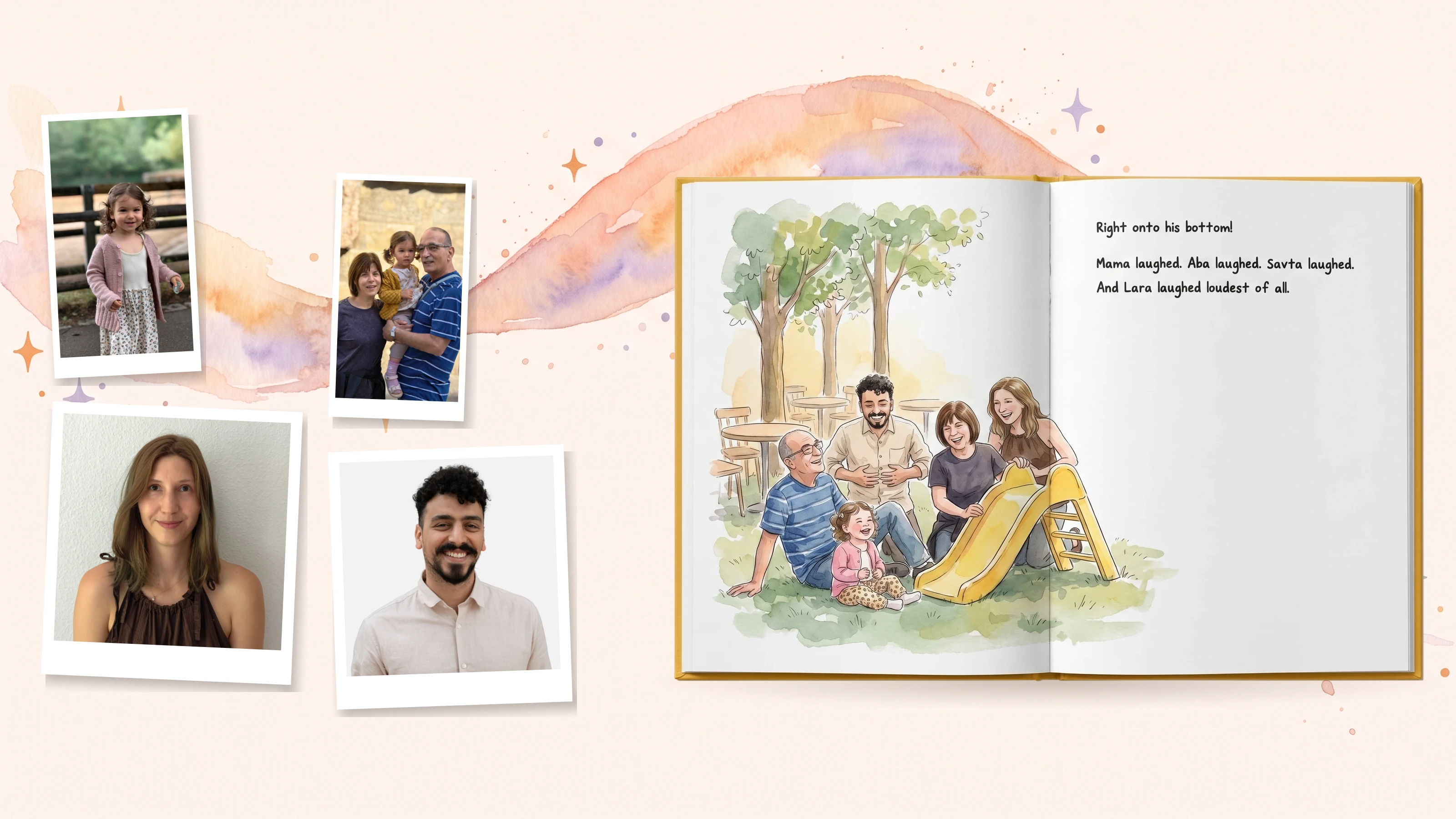 תמונה של ילד במגלשה לצד עמוד הספר המאויר שנוצר ממנה